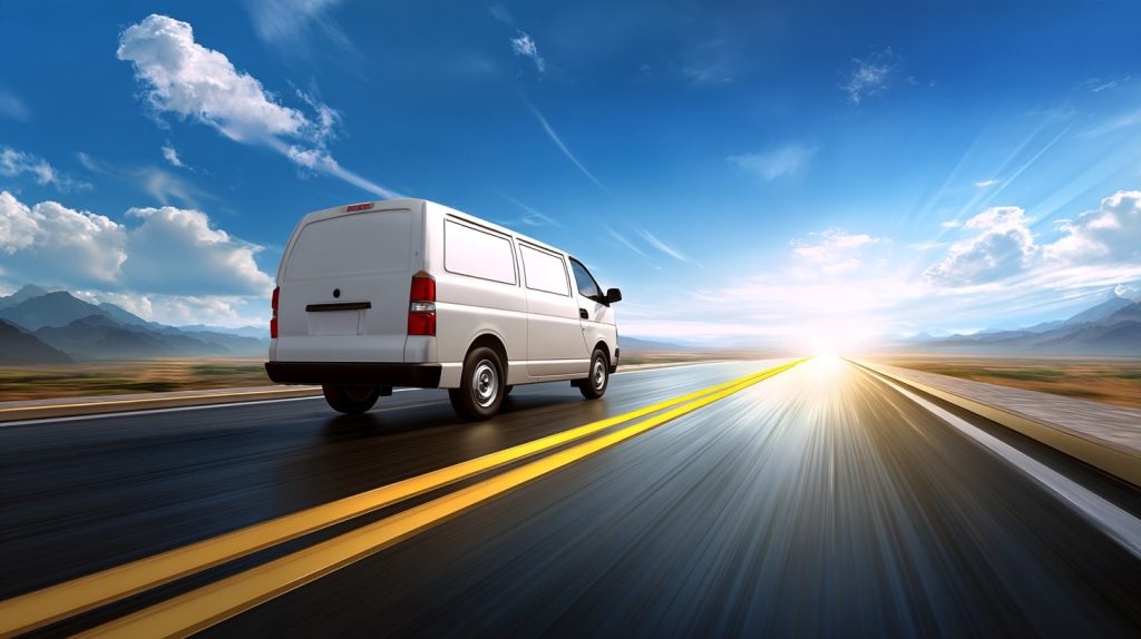 shahrukhfiaz63 white cargo van driving on a long open highway 718cbf97 8e24 4b58 bb5b c1afcc5ce516 1